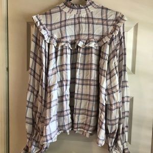 Free People pink plaid peasant high neck top